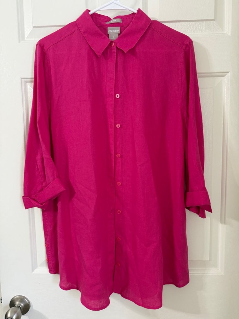 Chico's Bright Pink No Iron Linen 3/4th sleeve button front blouse